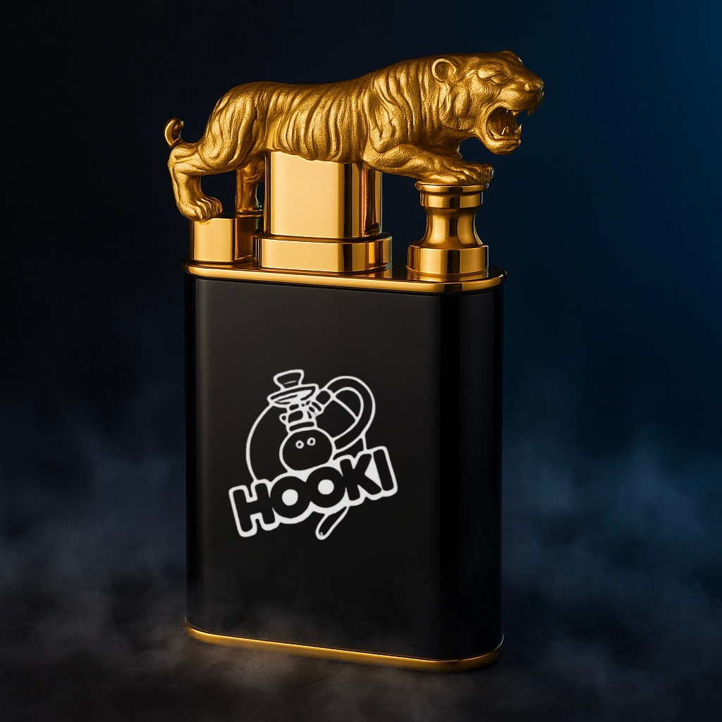 Black lighter with gold tiger design on a dark background, featuring the brand 'Hooki'.