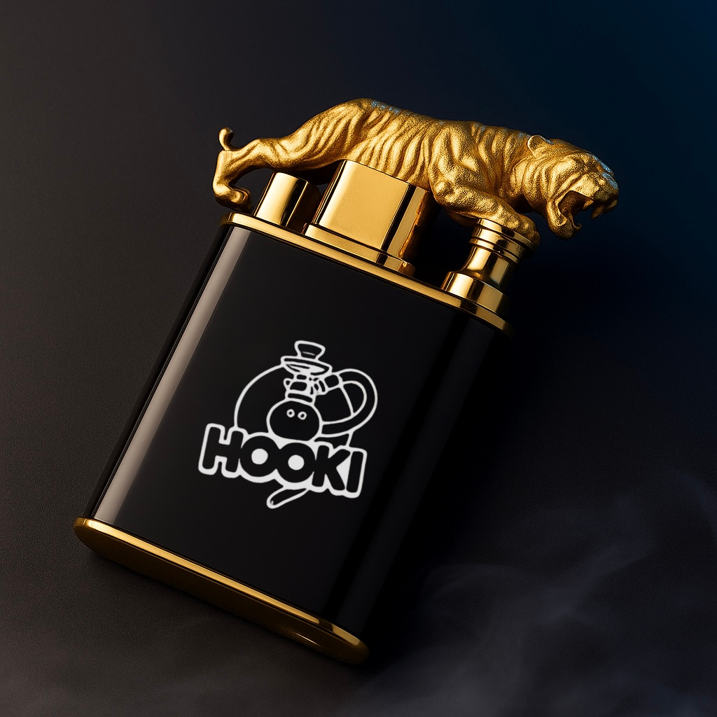 Black lighter with gold tiger design and 'HOOKI' logo on a dark background