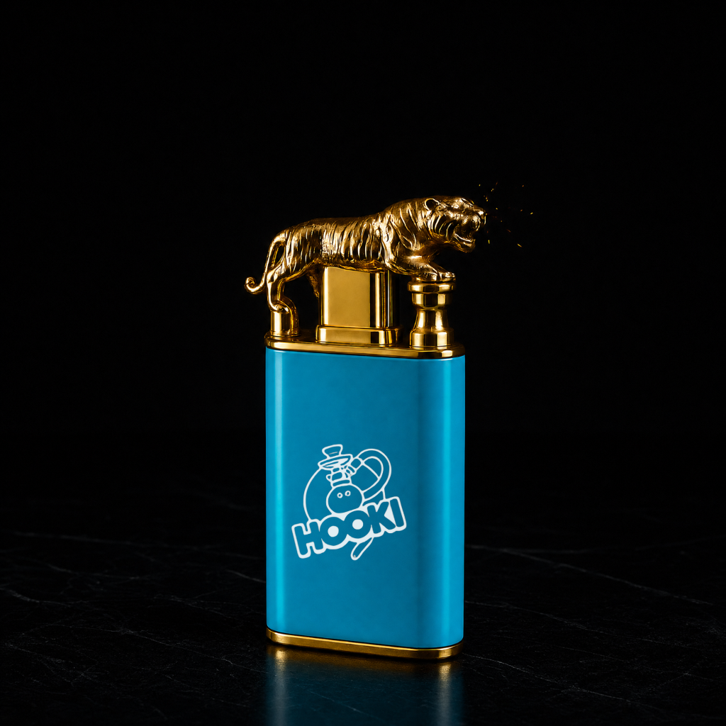 A metallic blue and gold hookah lighter featuring a gold tiger figurine on top, with a white 'HOOKi' logo on the front, set against a solid black background.