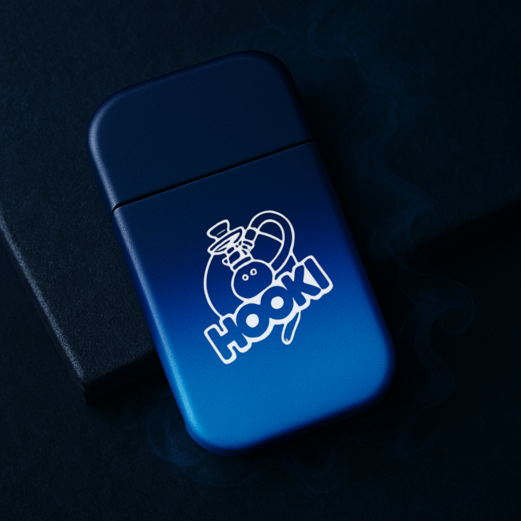 Blue lighter with 'HOOKi' branding on a dark background