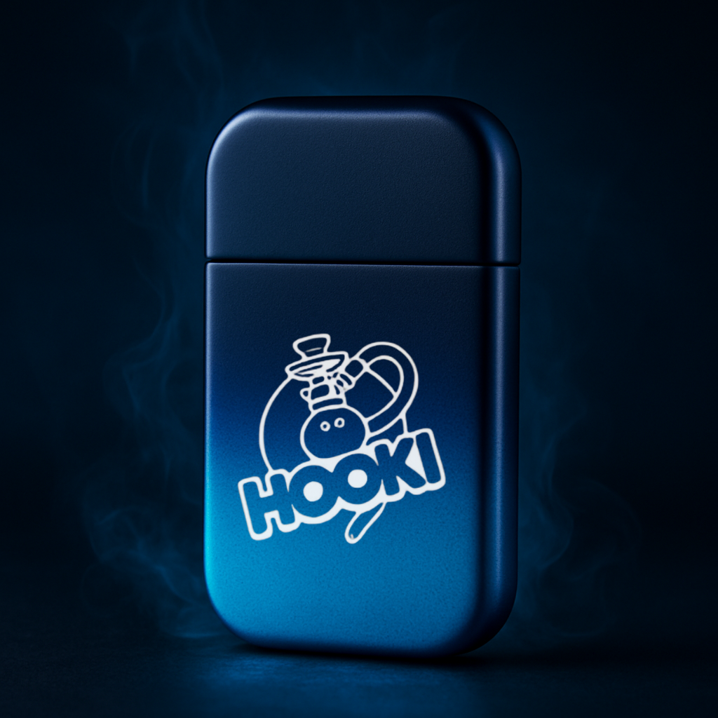 Blue lighter with 'Hooki' logo on a dark background