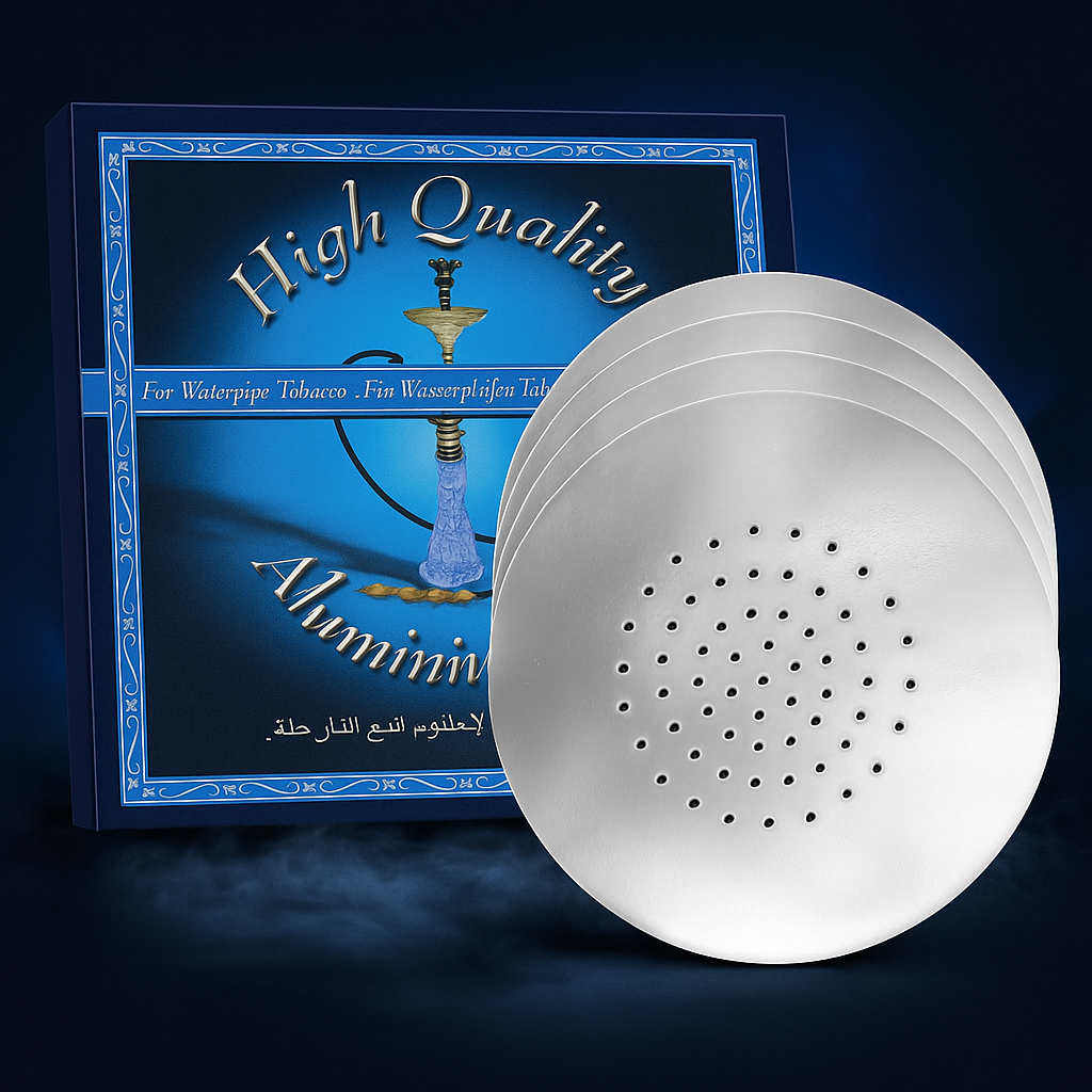 Aluminum foil hookah discs with a blue packaging label on a dark background