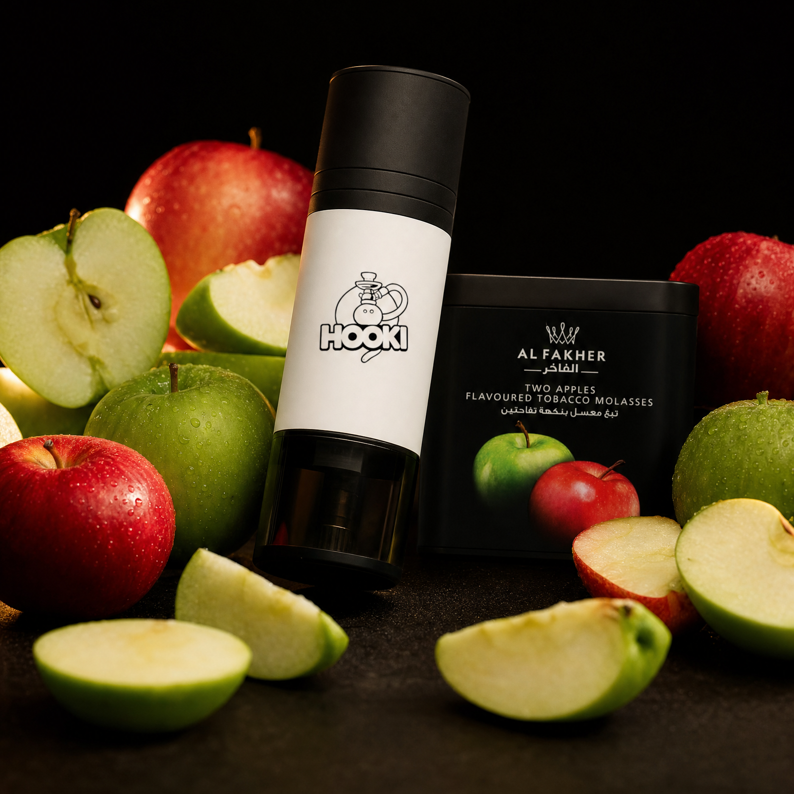 A Hooki portable shisha with a black tin of Al-Fakher hookah Tobacco arranged among fresh red and green apples on a dark background.